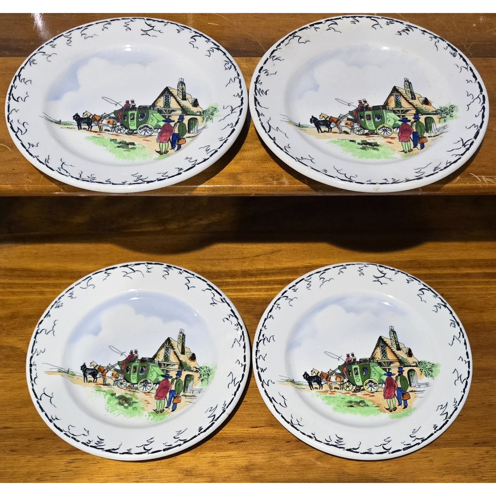 Set of 4 Vintage Syracuse China O.P.CO. Hand Painted Stagecoach Plates - Rare